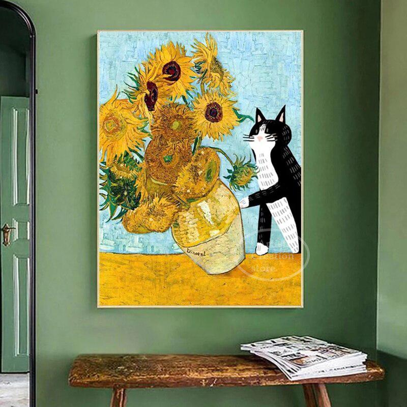 Black Cat Knocking Van Gogh Type Sunflower Funny Poster Artwork | Canvas Painting & Print for Modern Wall Art Home Decor